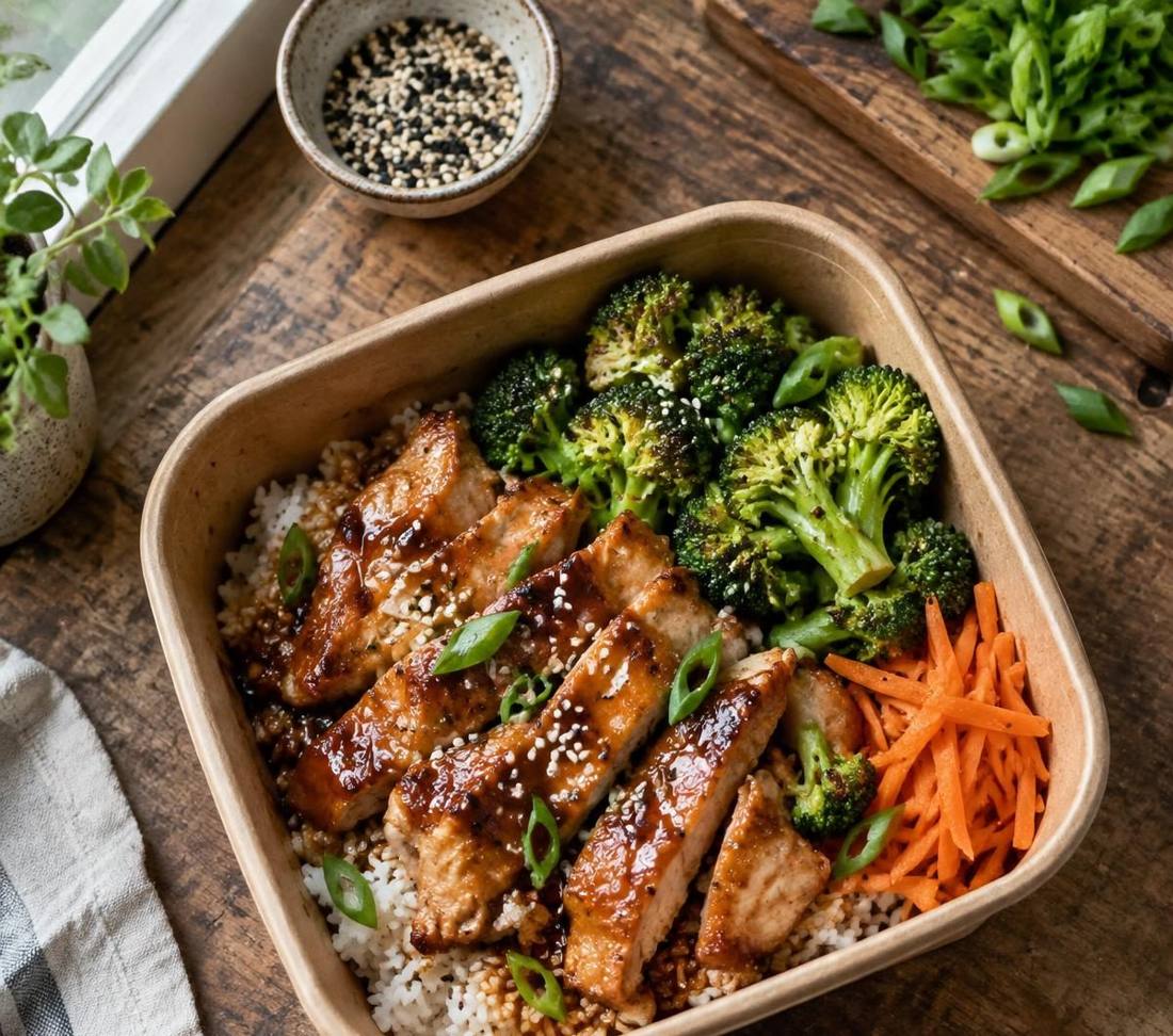 Chicken teriyaki rice bowl in a kraft meal-prep container, seen from above