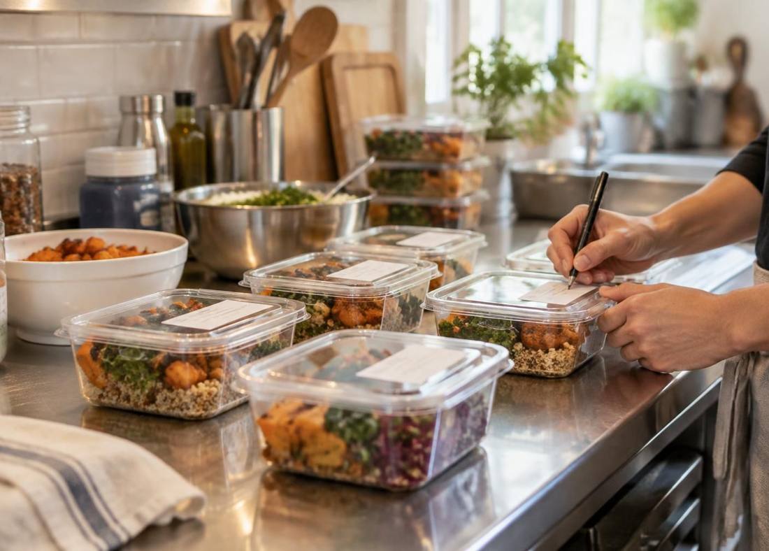 Hands labelling filled meal-prep containers on a steel kitchen counter